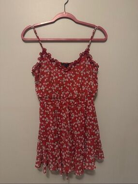 Red Floral Ruffle-Trim Spaghetti Strap Dress, NWT